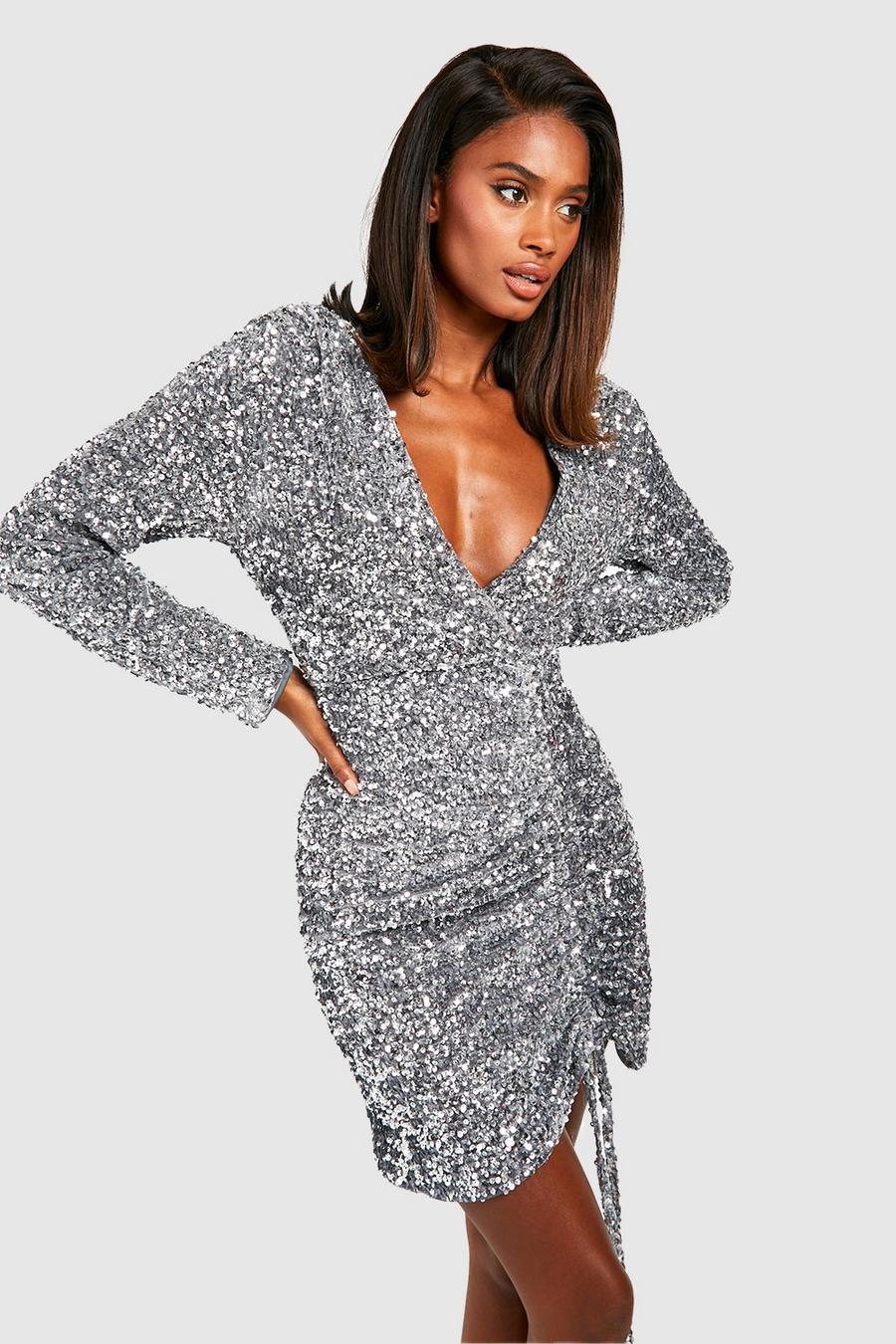 Silver Sequin Ruched Wrap Party Dress 