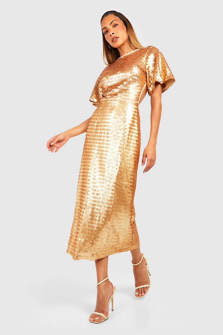 Gold Sequin Angel Sleeve Cut Out Midi Party Dress