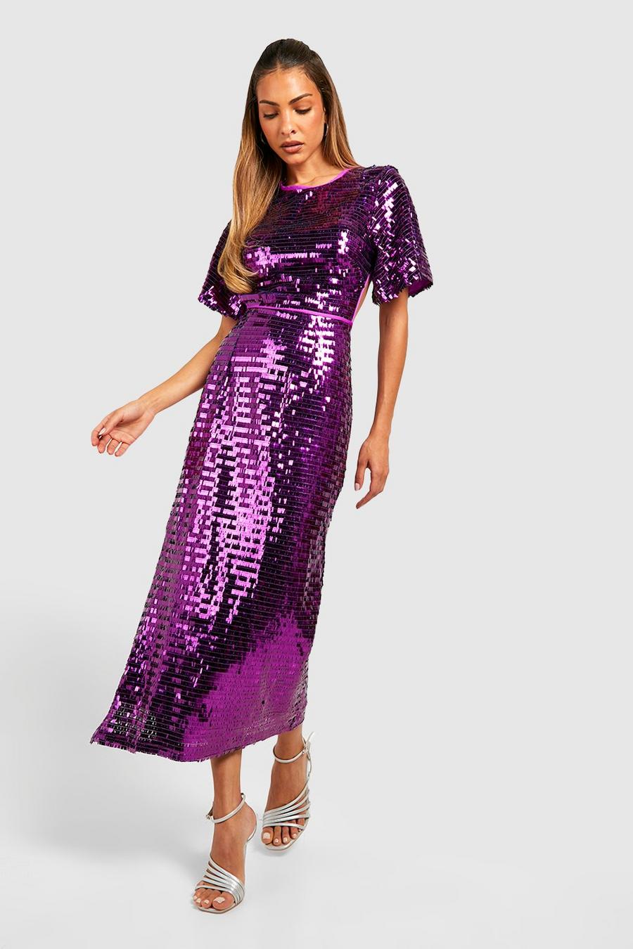Jewel purple Sequin Angel Sleeve Cut Out Midi Party Dress