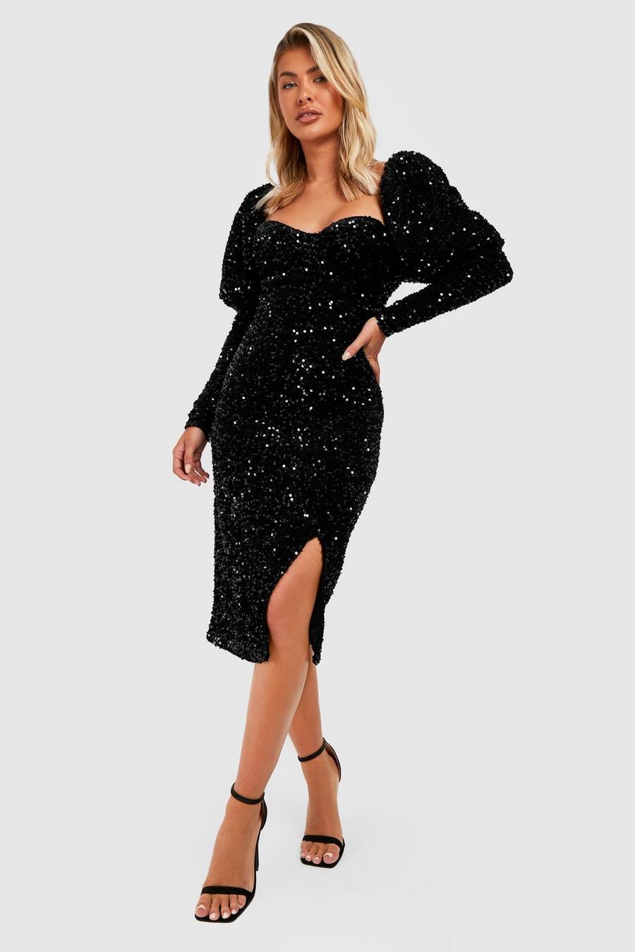 Black Sequin Puff Sleeve Midi Party Dress  image number 1