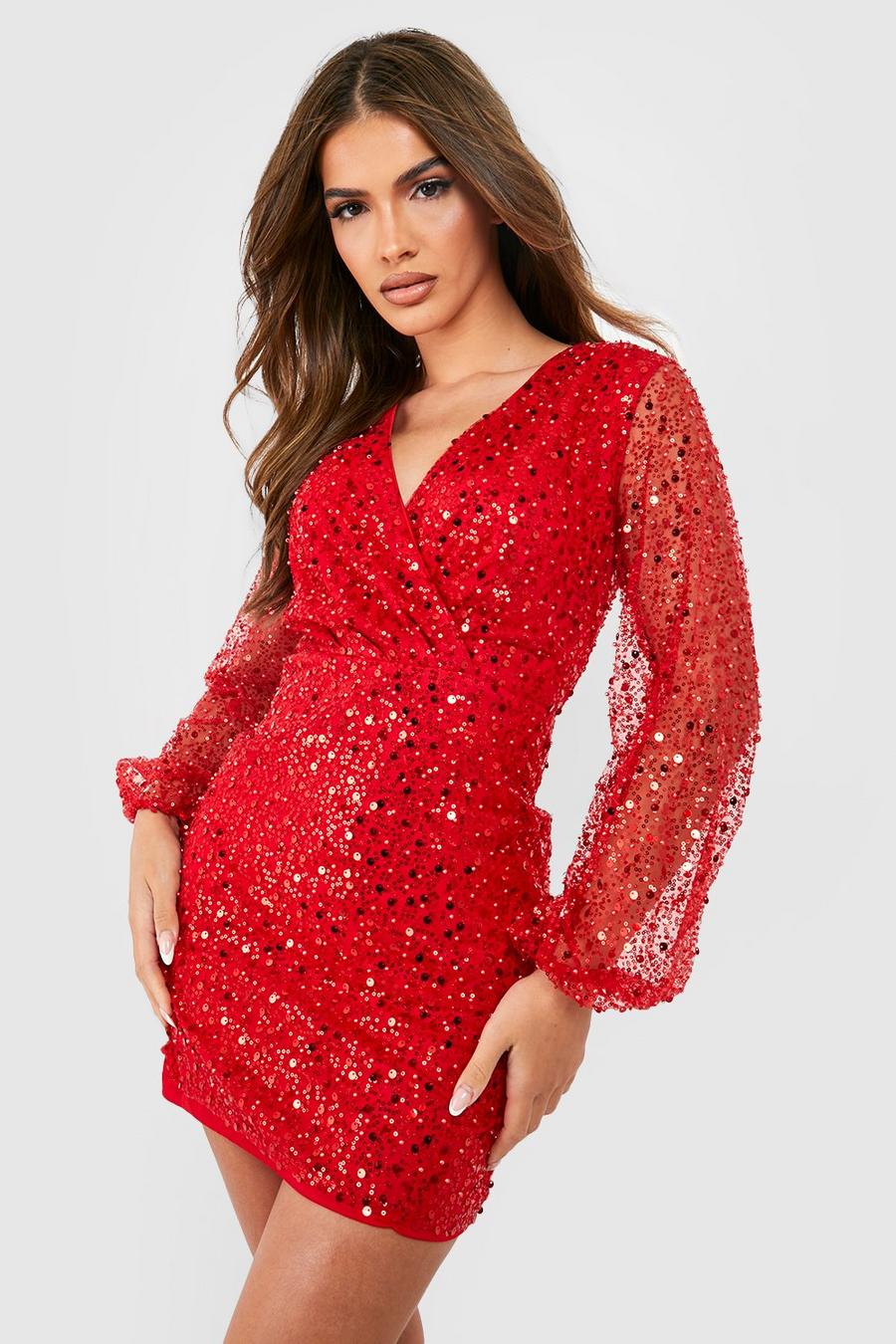 Red Sequin Beaded Wrap Mini Dress image number 1