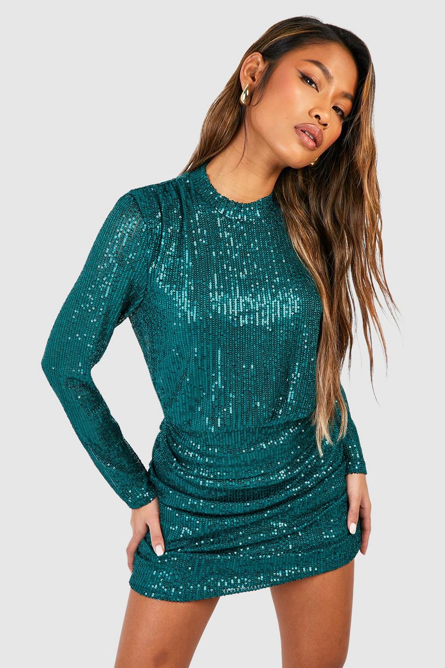Emerald Sequin Ruched Drape Mini Dress