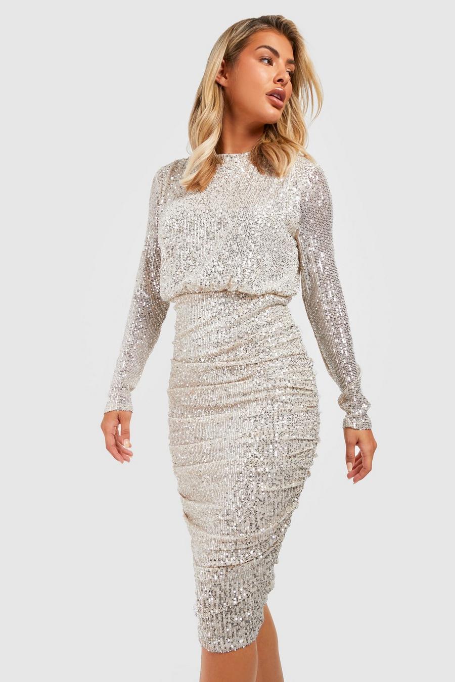 Dresses, Sequin Puff Sleeve Belted Midi Dress
