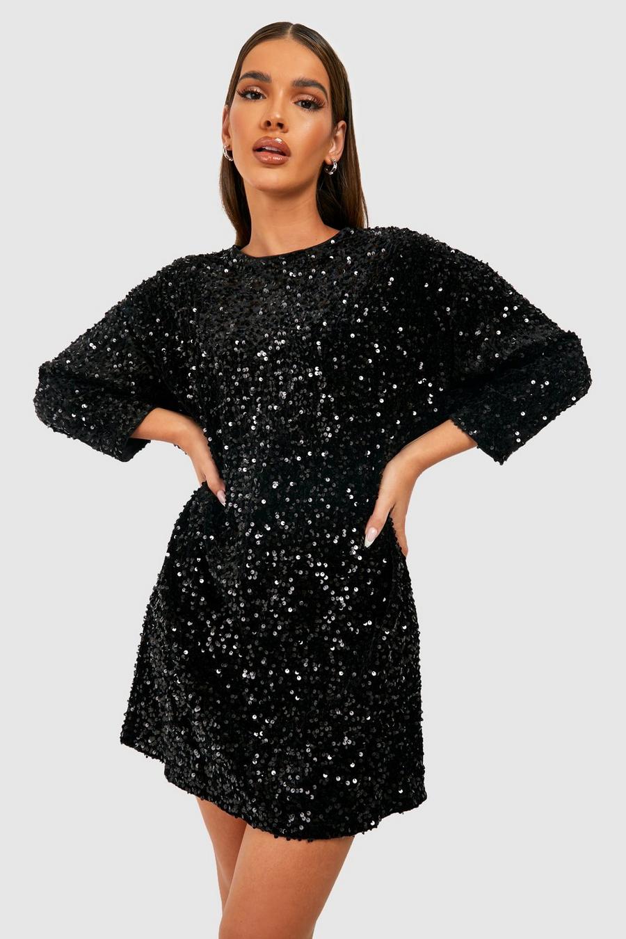 Black Glittrig skiftklänning med paljetter och fladdermusärm image number 1