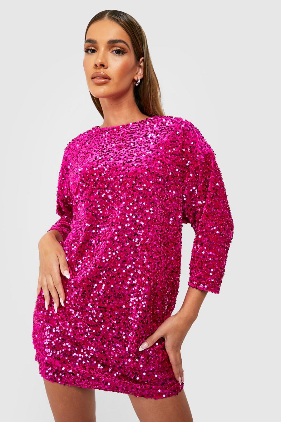 Pailletten-Kleid mit Fledermaus-Ärmeln, Hot pink
