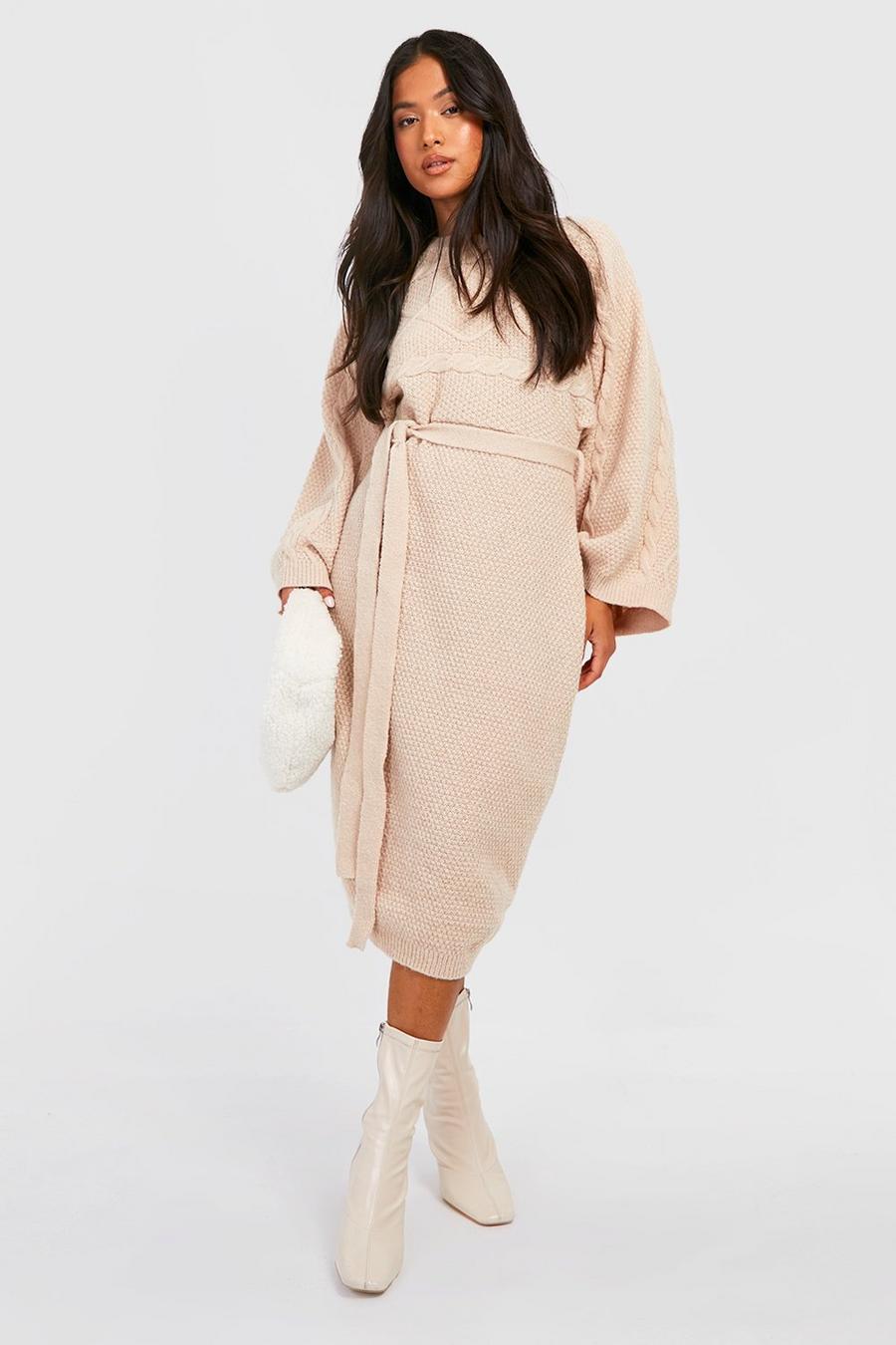 Camel Petite Cable Knit Batwing Belted Sweater Dress