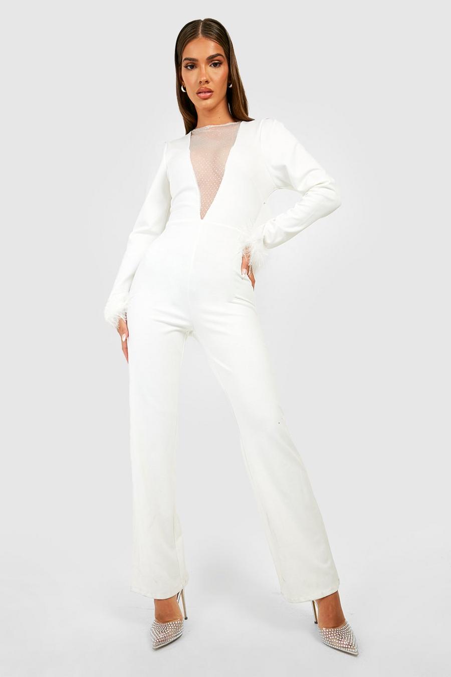 Ivory Feather Cuff Plunge Jumpsuit