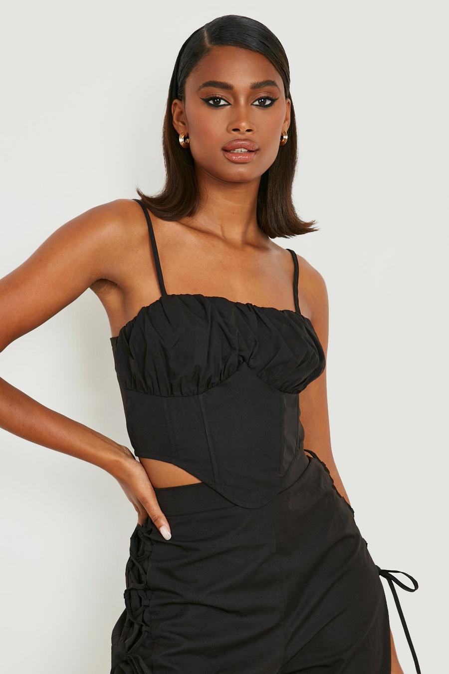 Black Ruched Cup Lace Up Back Corset