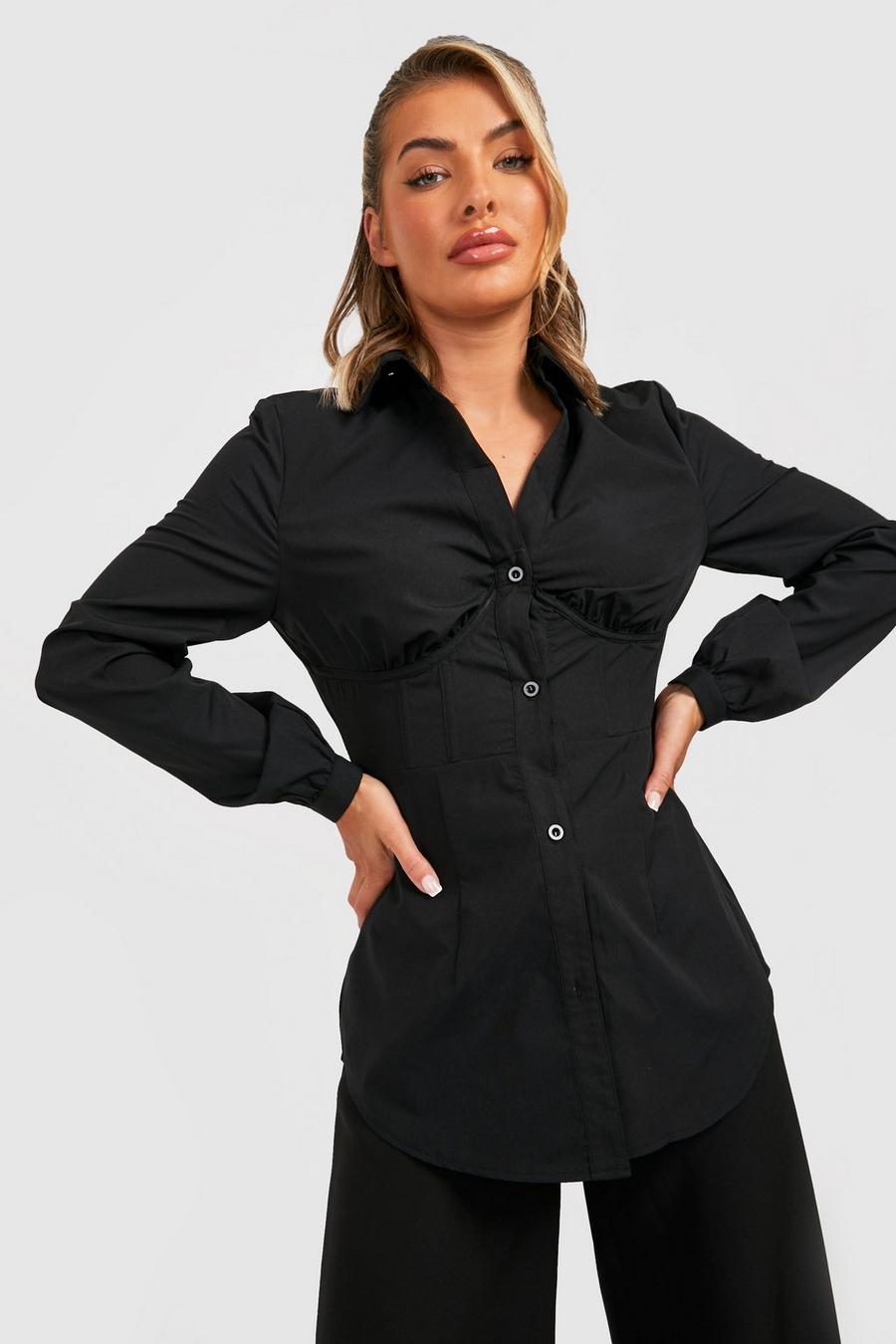 Black Corset Waist Detail Tailored Shirt 