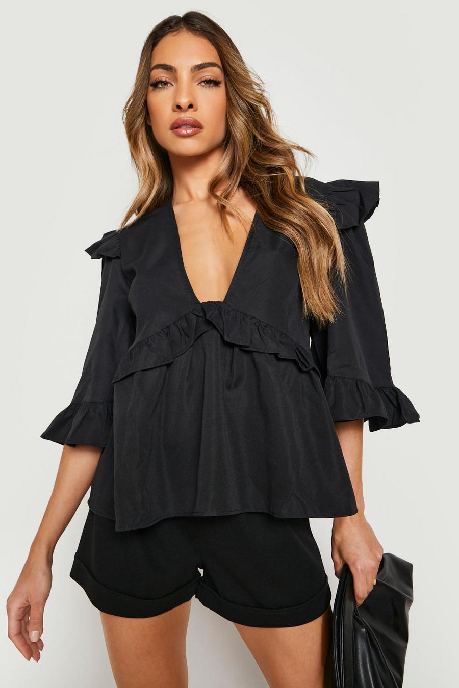 Frill Shoulder And Waist Smock Top