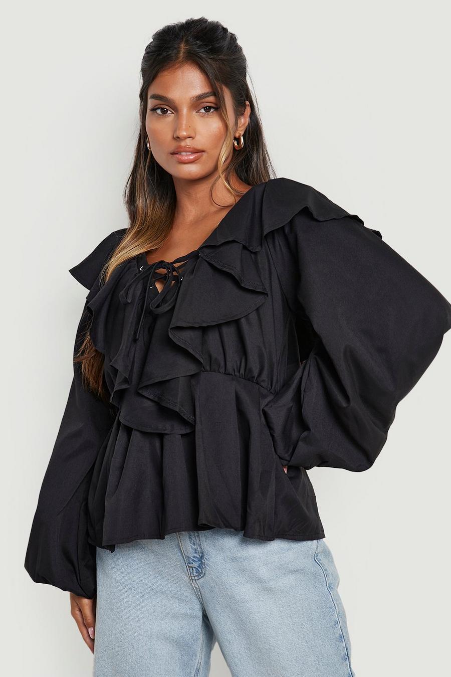 Black Tie Front Frill Detail Smock Top