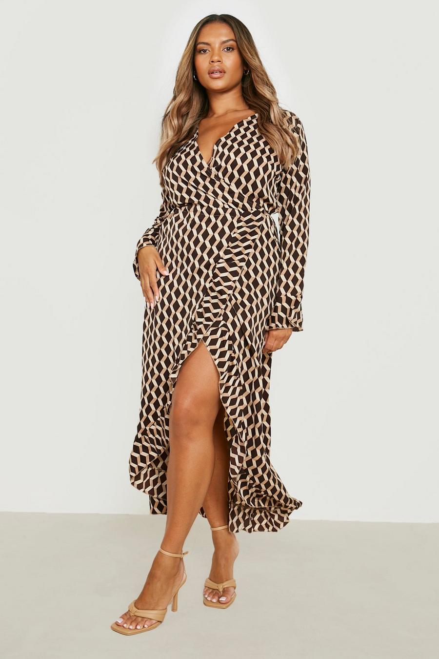 Black Plus Abstract Print Ruffle Wrap Dress  image number 1