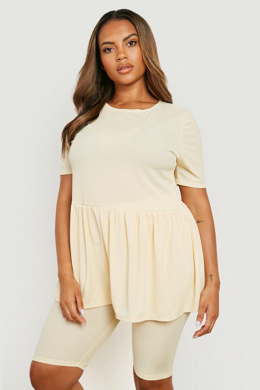 Cream Plus Smock Top And Cycling Shorts Co-Ord