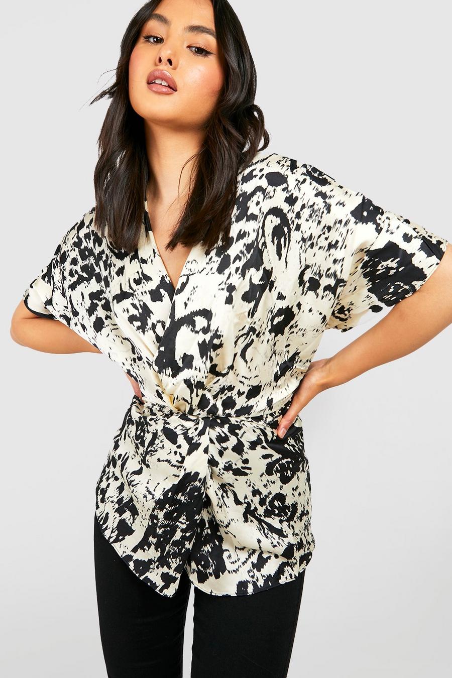 Black Blurred Mono Print Knot Front Blouse image number 1