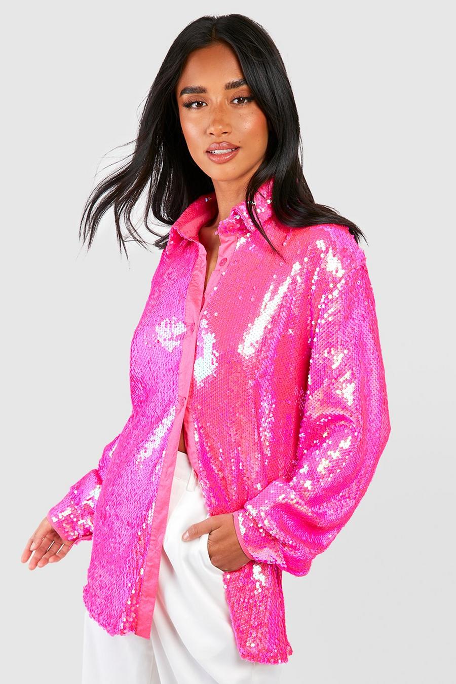 Bright pink Petite Sequin Oversized Shirt