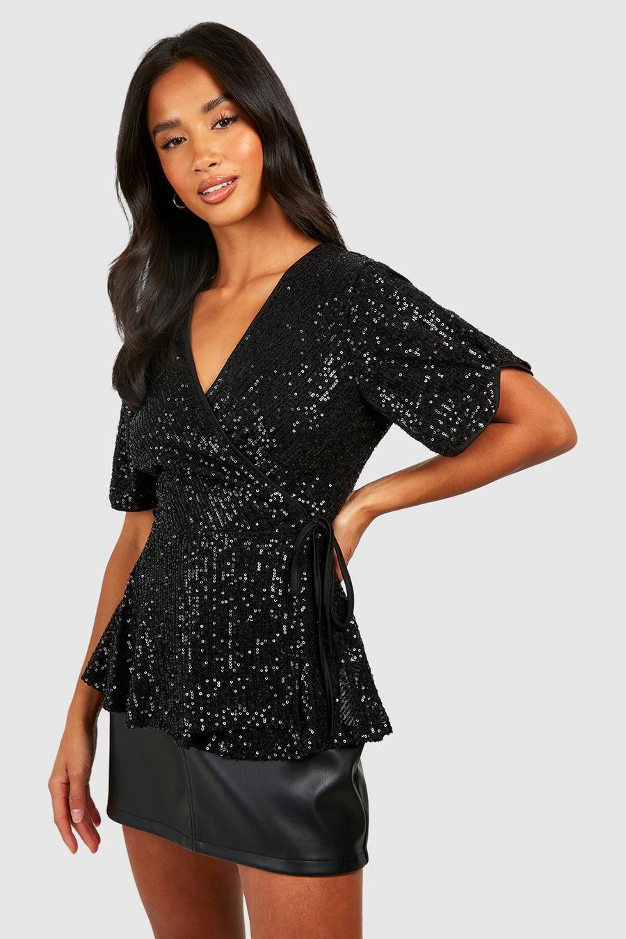 Black Petite Sequin Peplum Wrap Top 