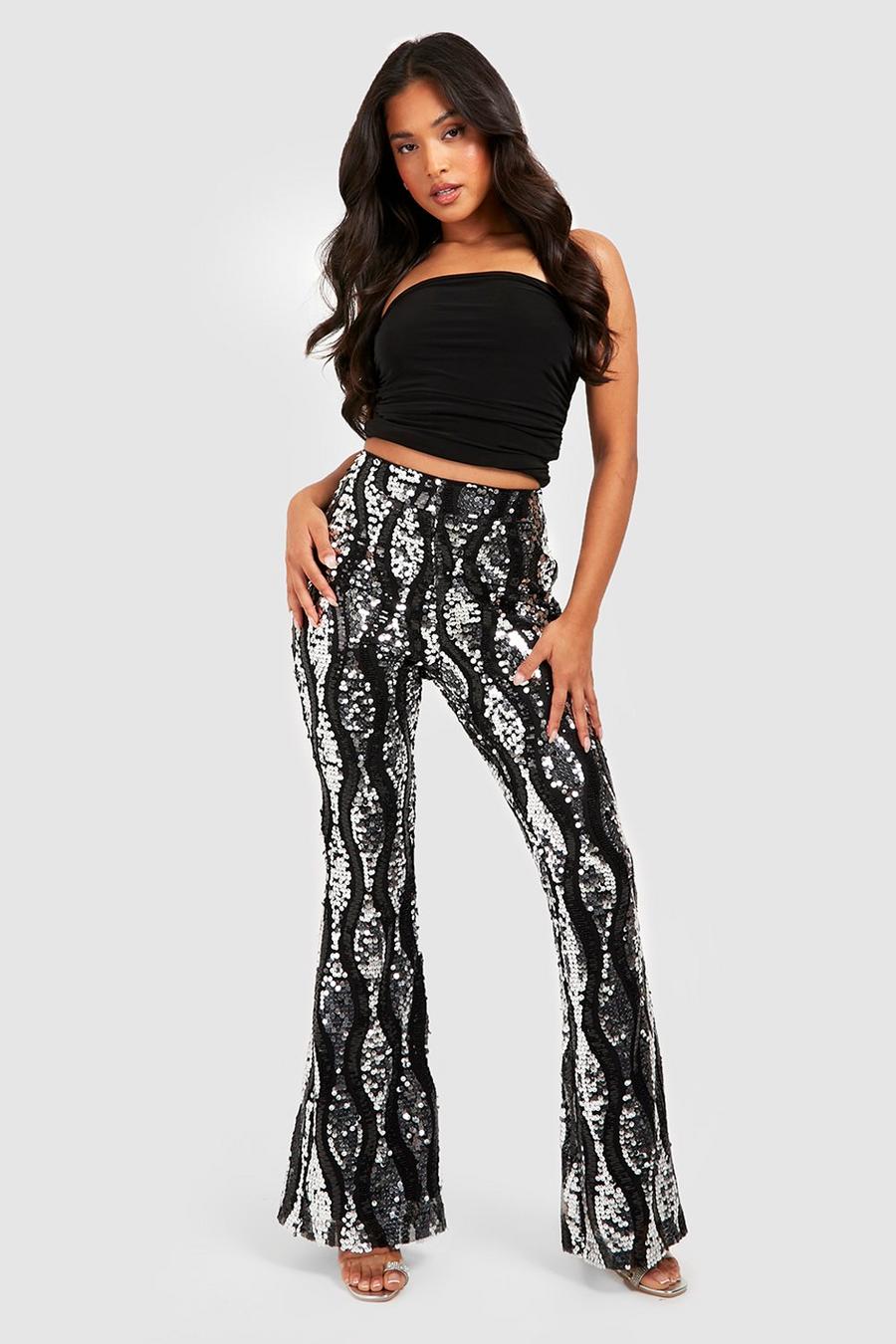 Black Petite Sequin Two Tone Flare Trousers  image number 1