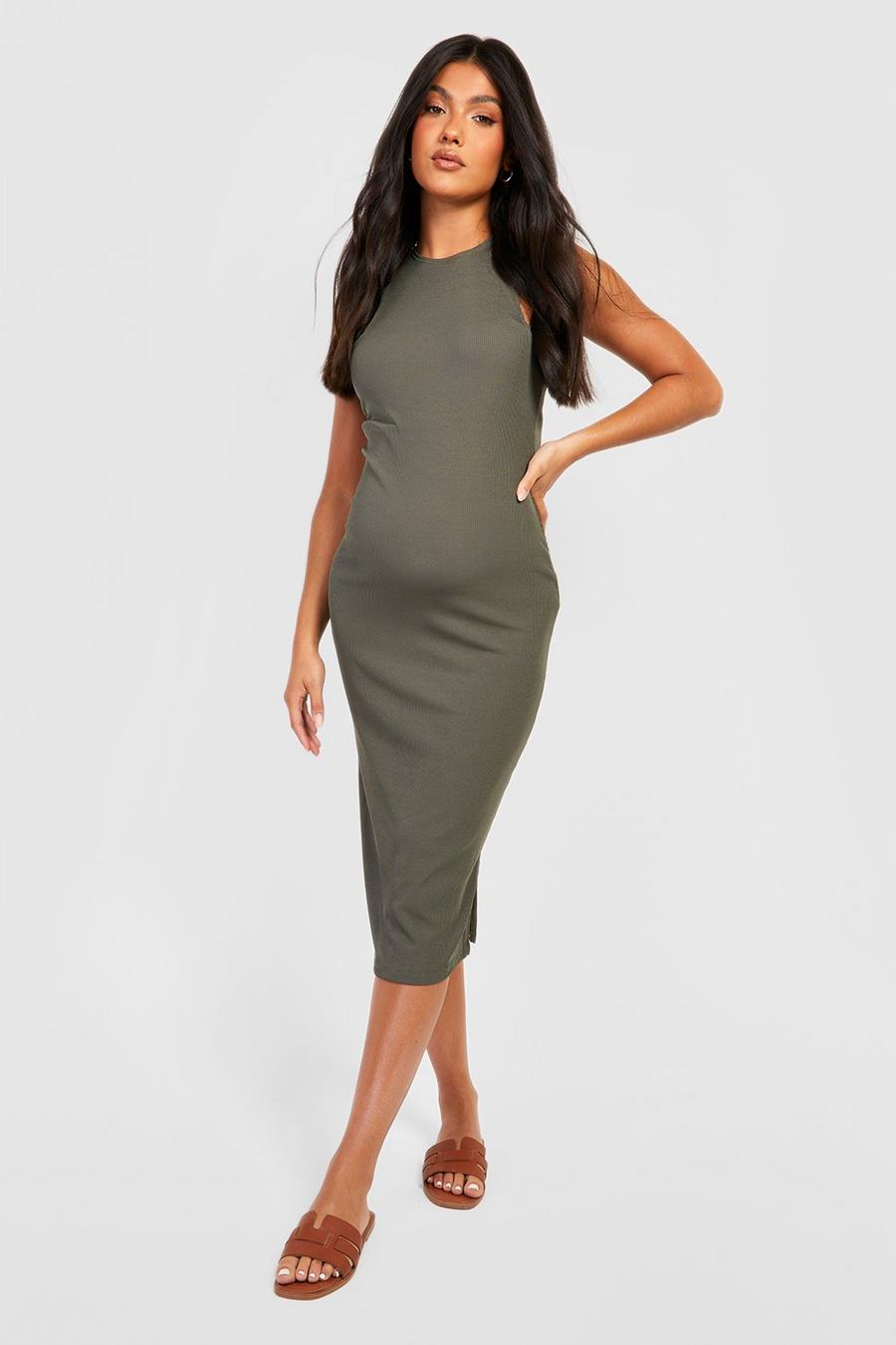 Khaki Maternity Rib Racer Neck Midi Dress