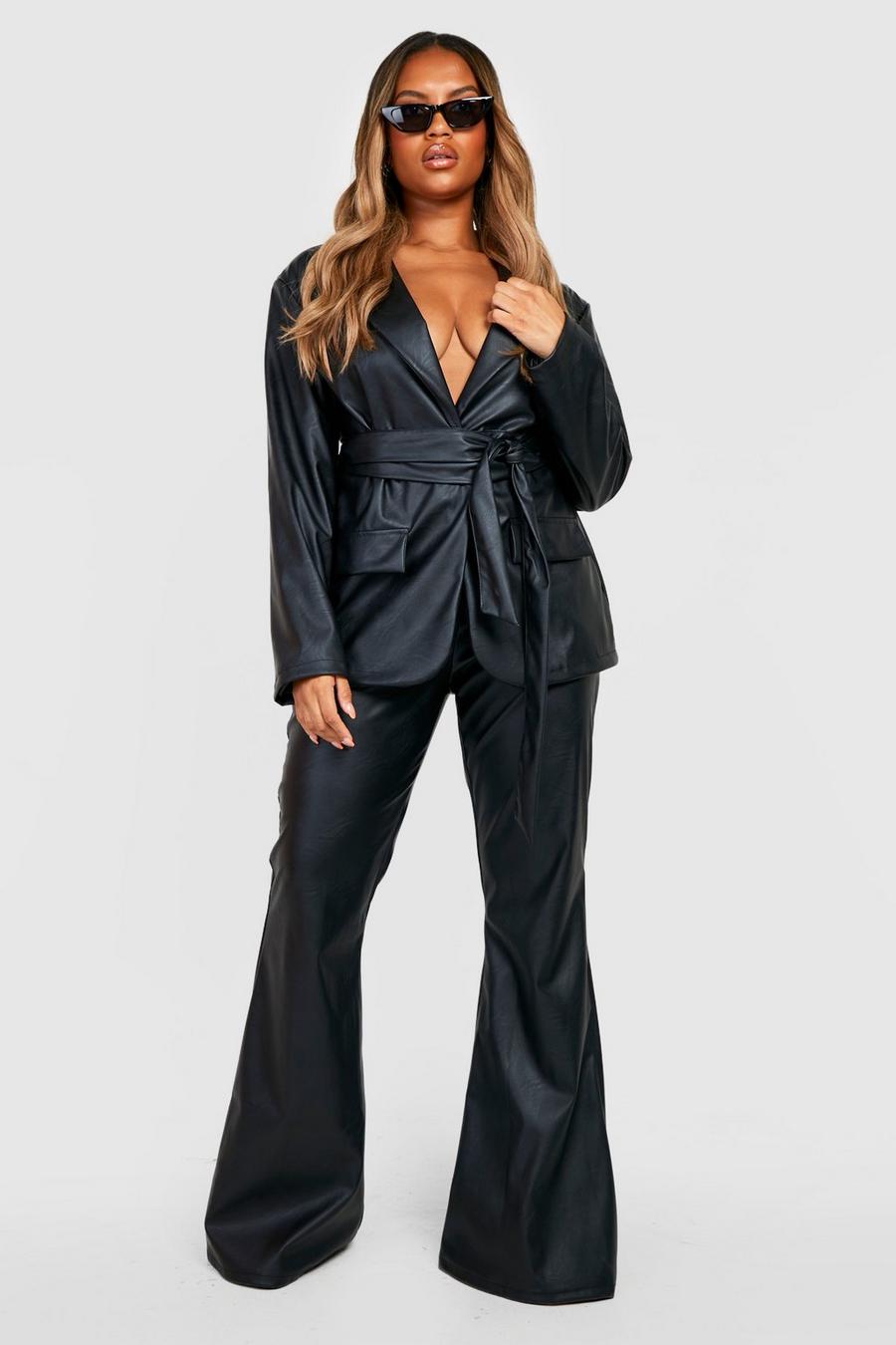 Black Plus Leather Look Fit & Flare Trousers