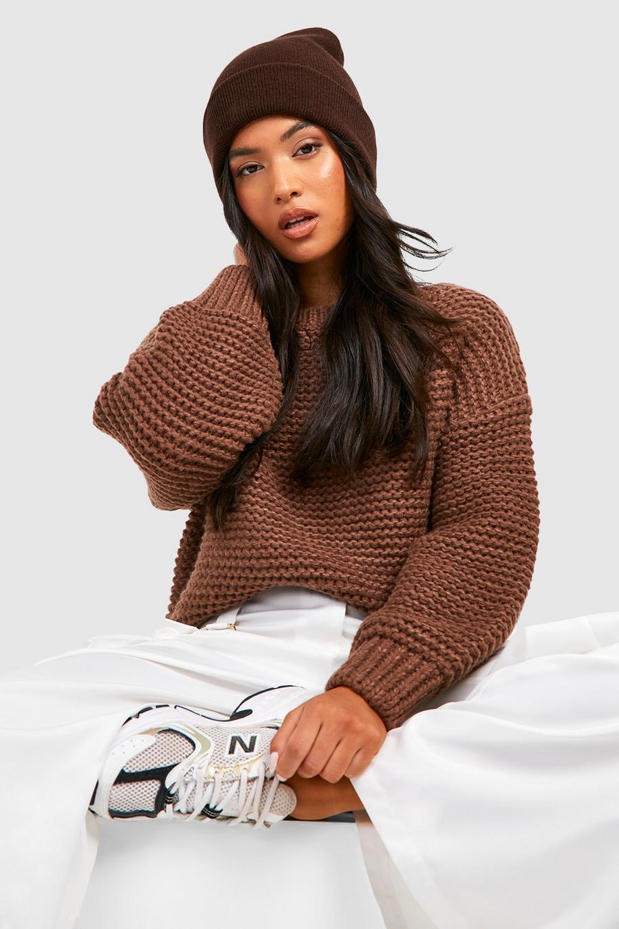 Chocolate Petite Premium Chunky Knit Oversized Sweater