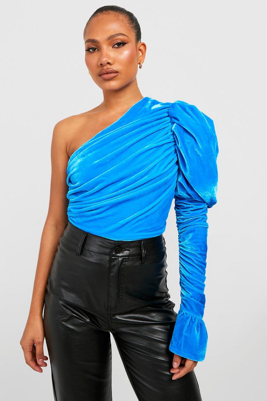 Blue Velvet Ruched Puff Sleeve Bodysuit