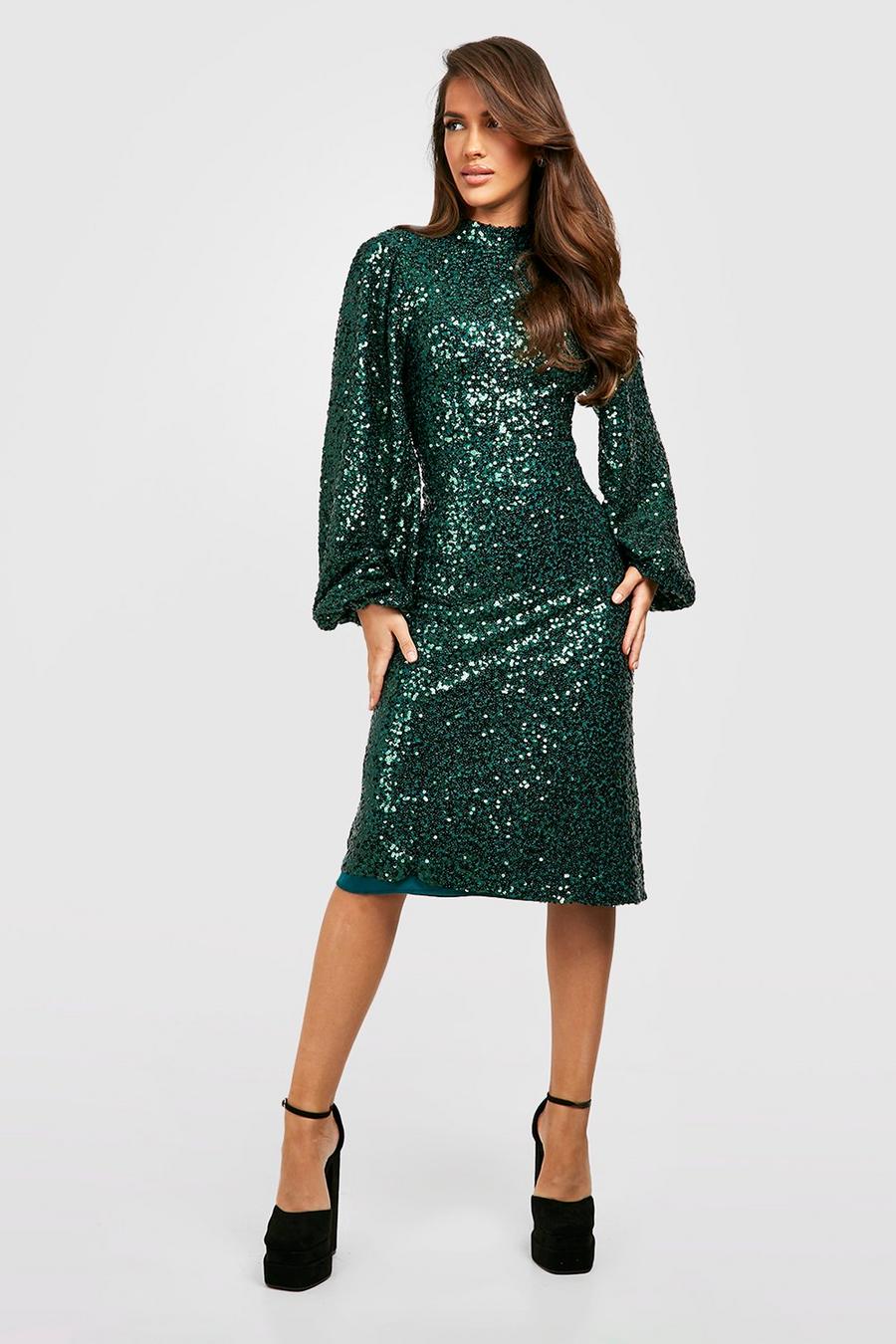 Emerald Sequin Blouson Sleeve Midi Party Dress