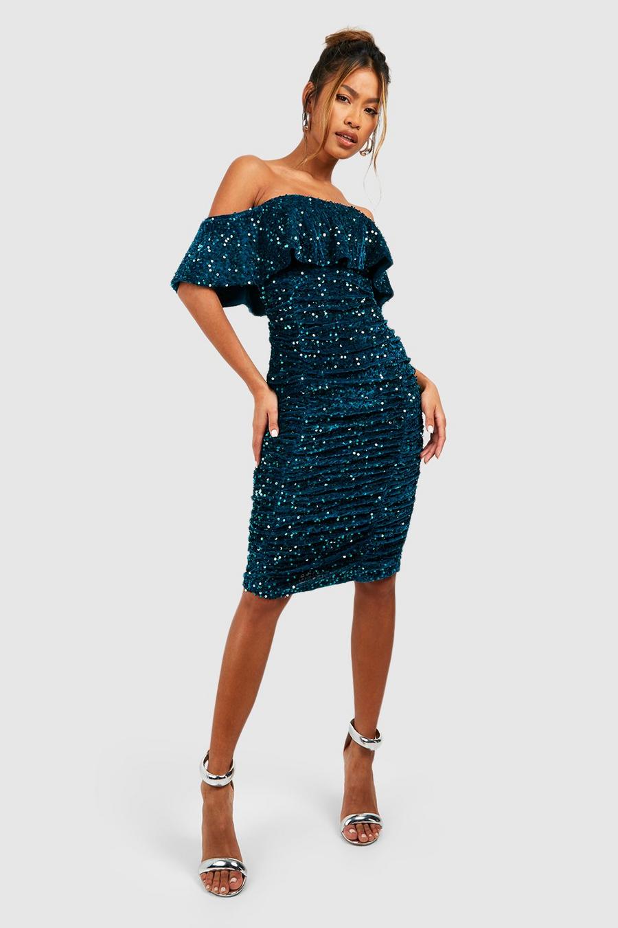 Teal Sequin Off The Shoulder Midi Party Dress 