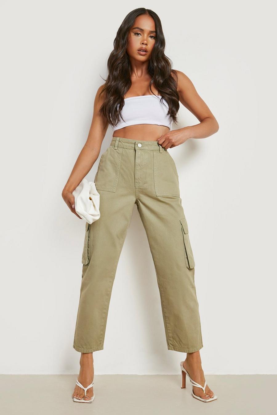 Khaki Petite Washed Loose Fit Cargo Jeans