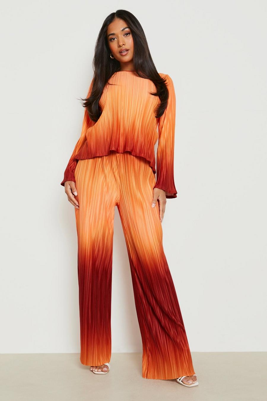 Orange Petite Ombre Plisse Wide Leg Trouser 