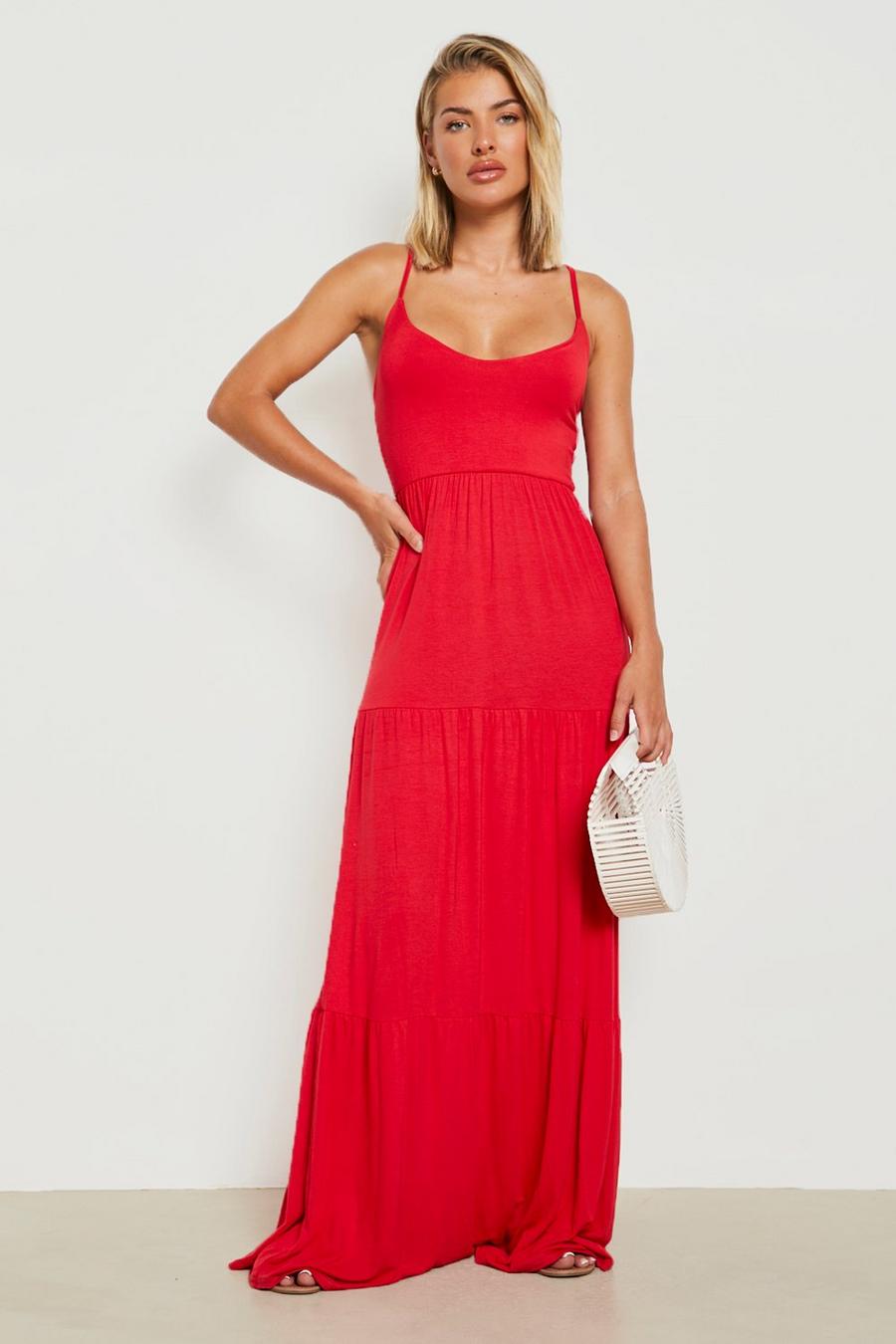 Red Basic V Neck Tiered Maxi Dress