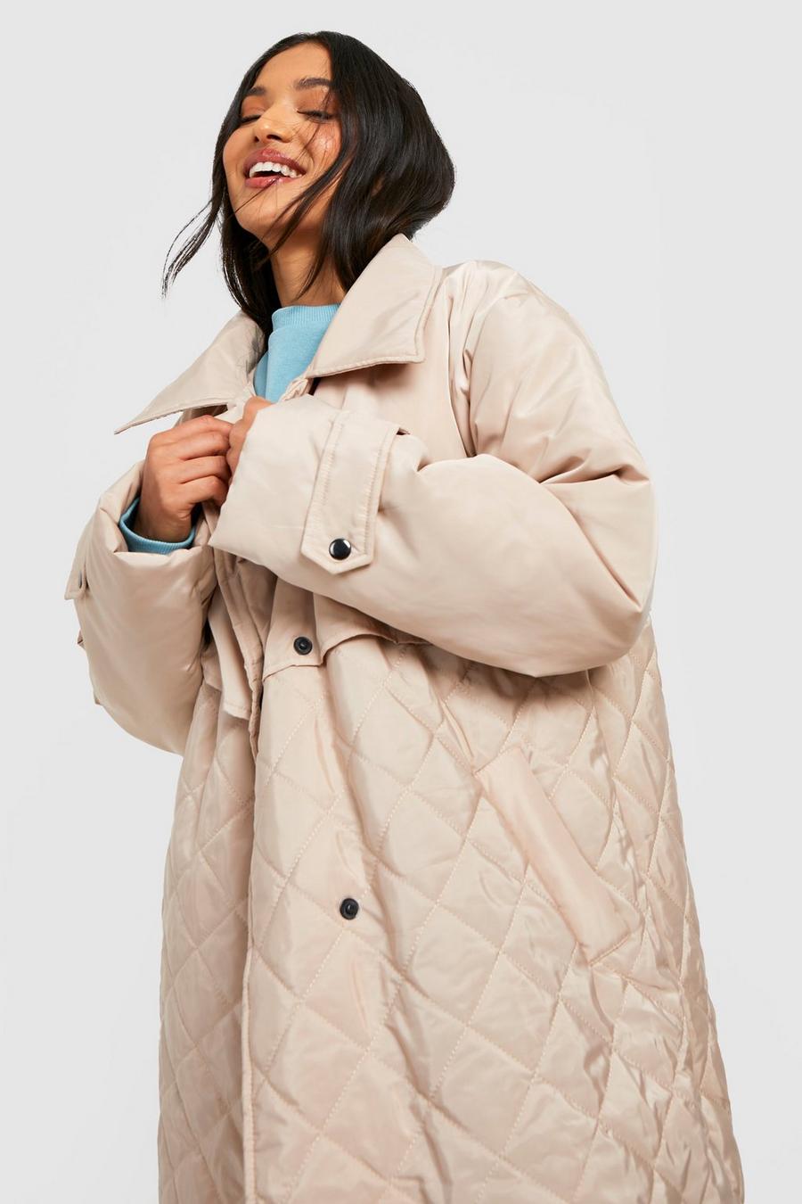Stone beige Petite Oversized Quilted Double Layer Trench Coat