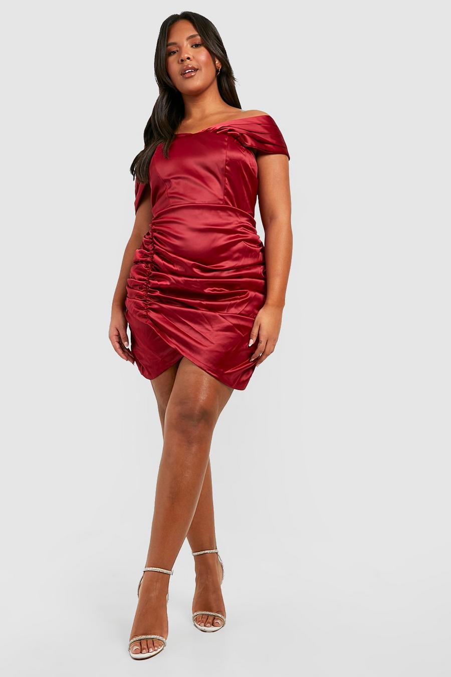 Berry Plus Satin Drape Off Shoulder Wrap Dress