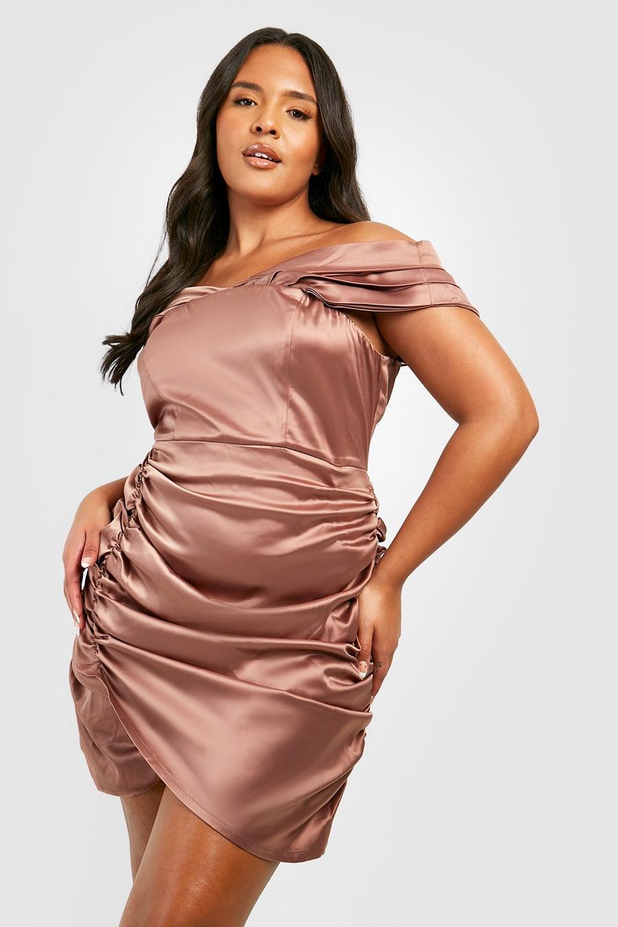 Blush Plus Satin Drape Off Shoulder Wrap Dress