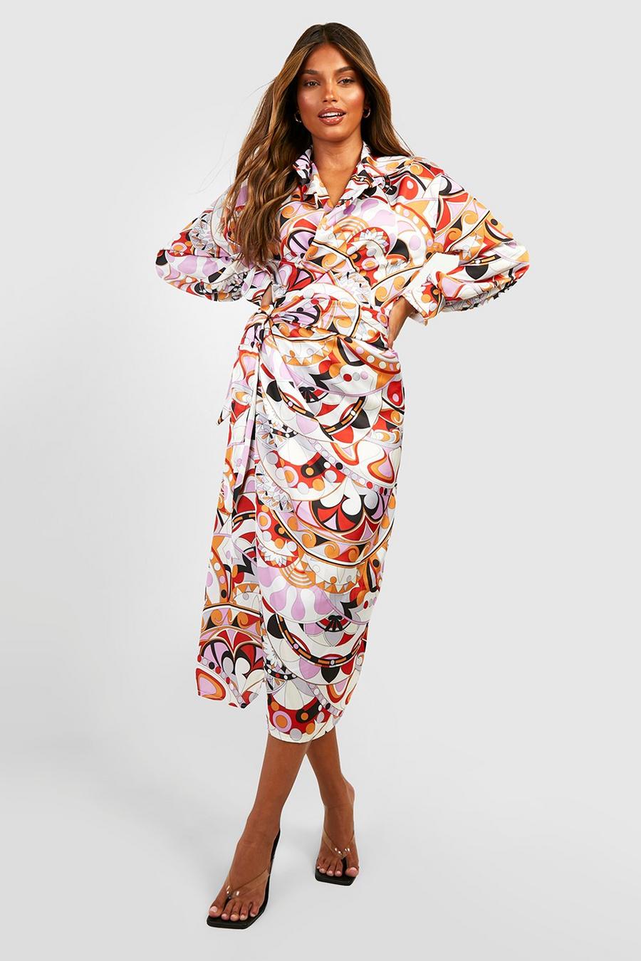 Satin Hemd-Kleid mit geteilten Ärmeln und abstraktem Print, Lilac
