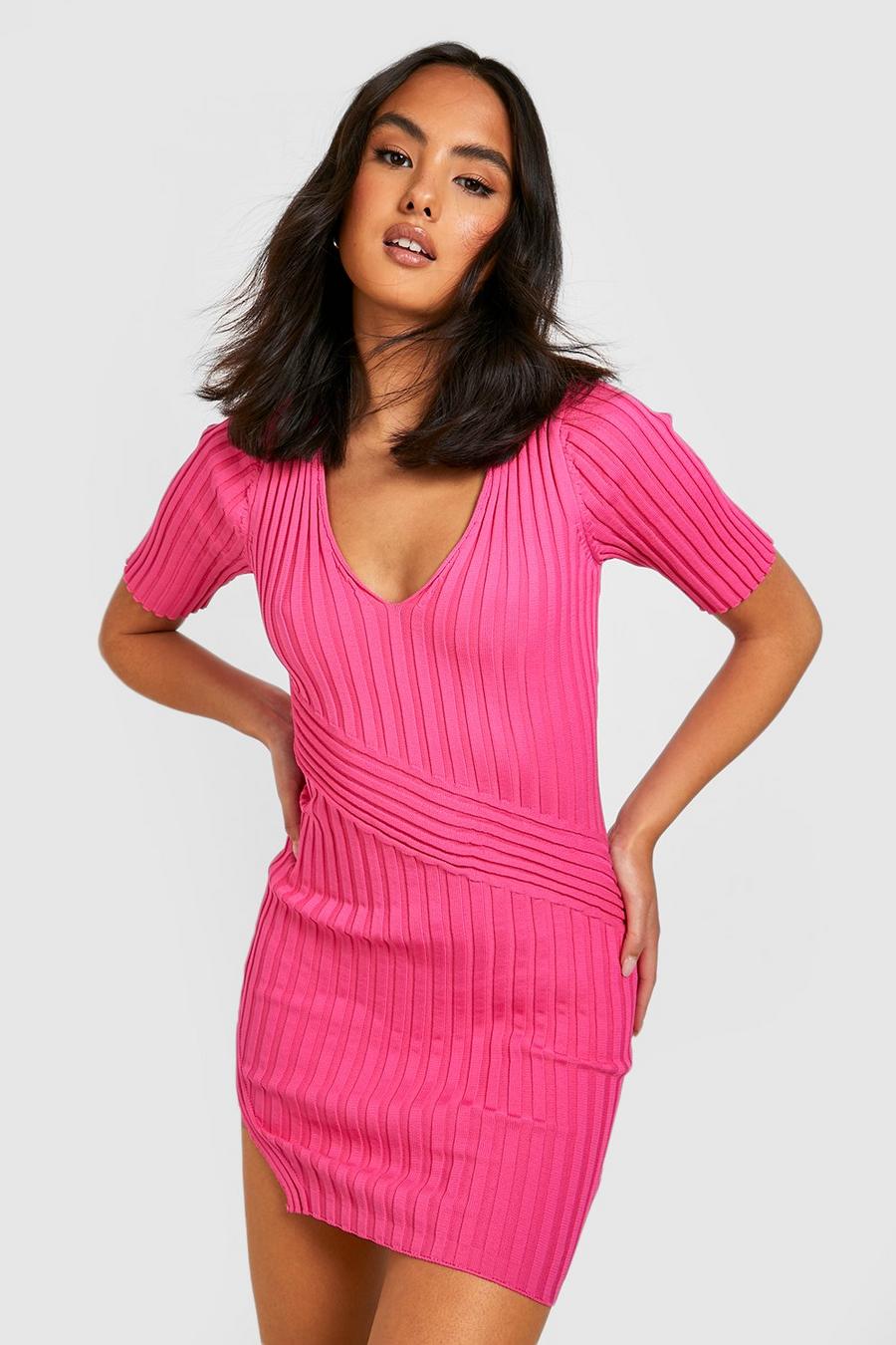 Zweifarbiges geripptes Kleid mit Polo-Kragen, Hot pink