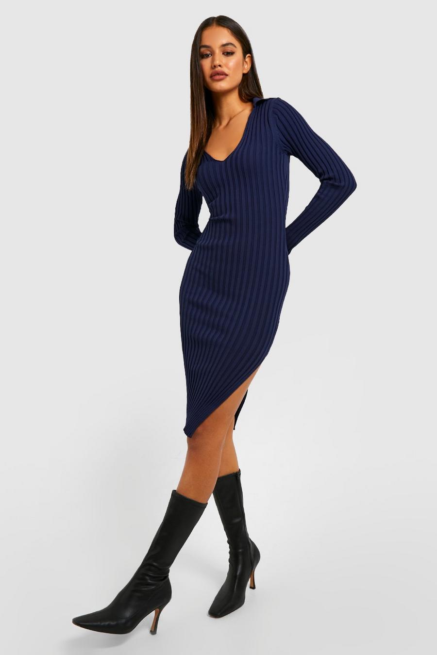 Navy Two Tone Wide Rib Knitted Midi Dress