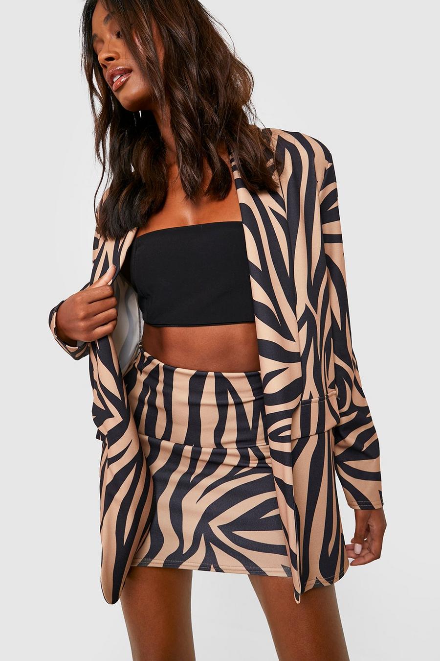 Camel Jersey Knit Zebra Print Blazer & Micro Mini Skirt