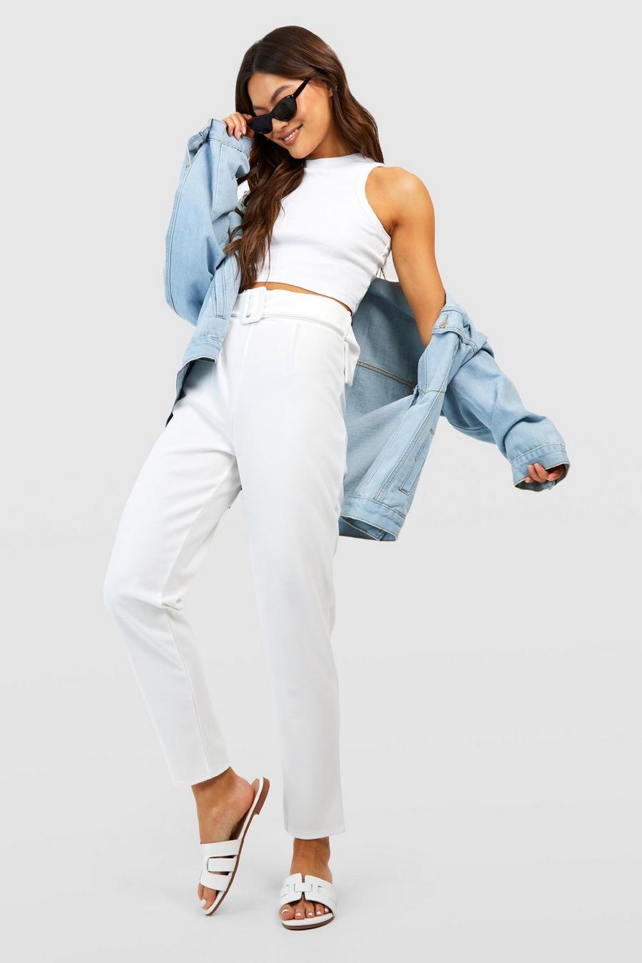 White High Waisted Buckle Belted Tapered Pants