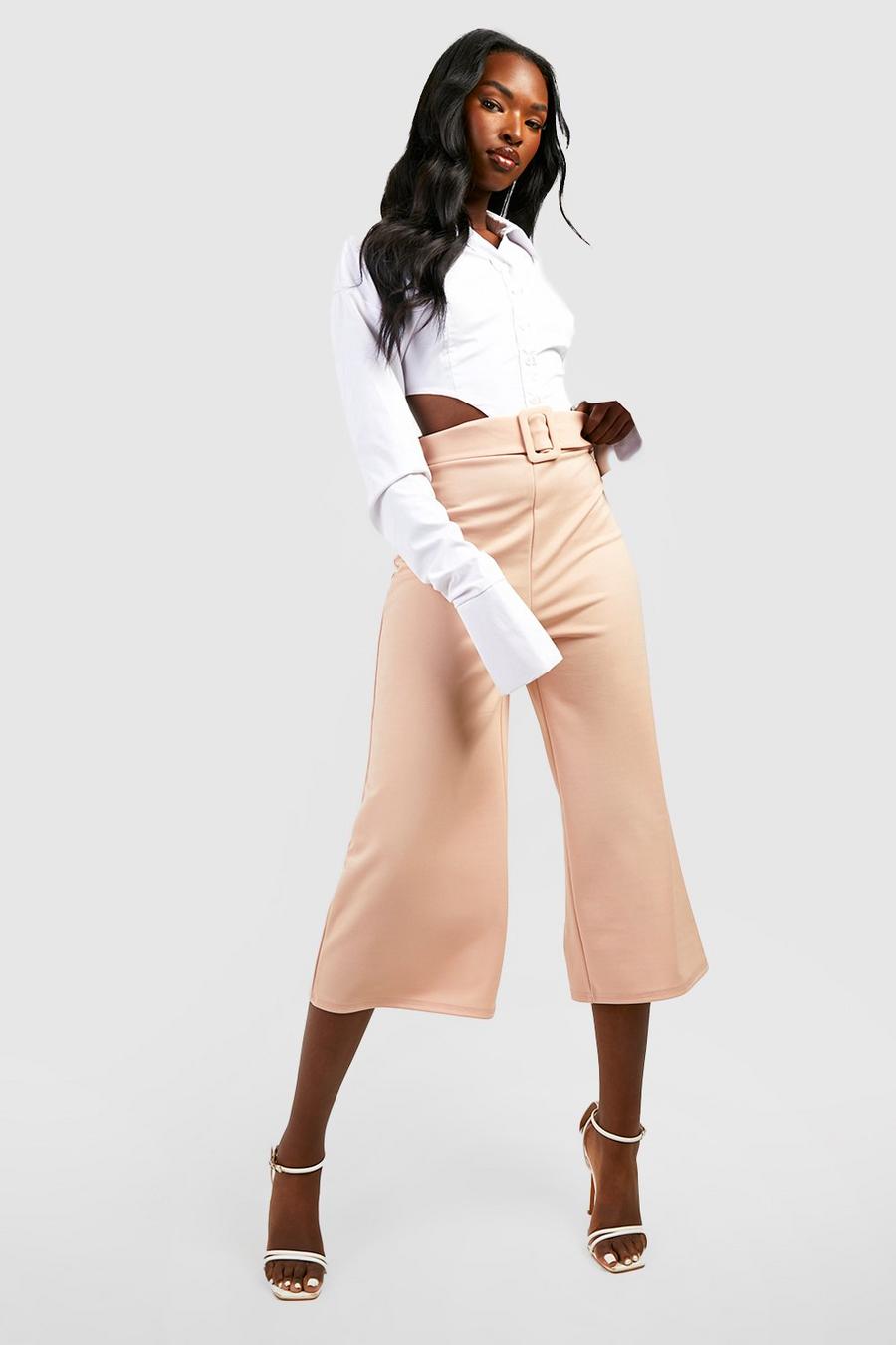 Stone High Waisted Buckle Belted Culotte Pants