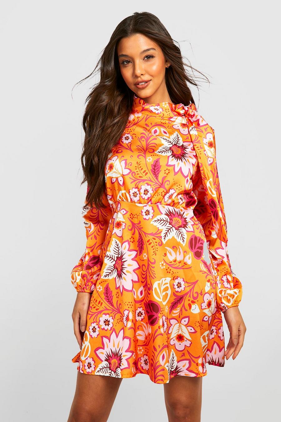 Orange Tie Neck Floral Print Skater Dress