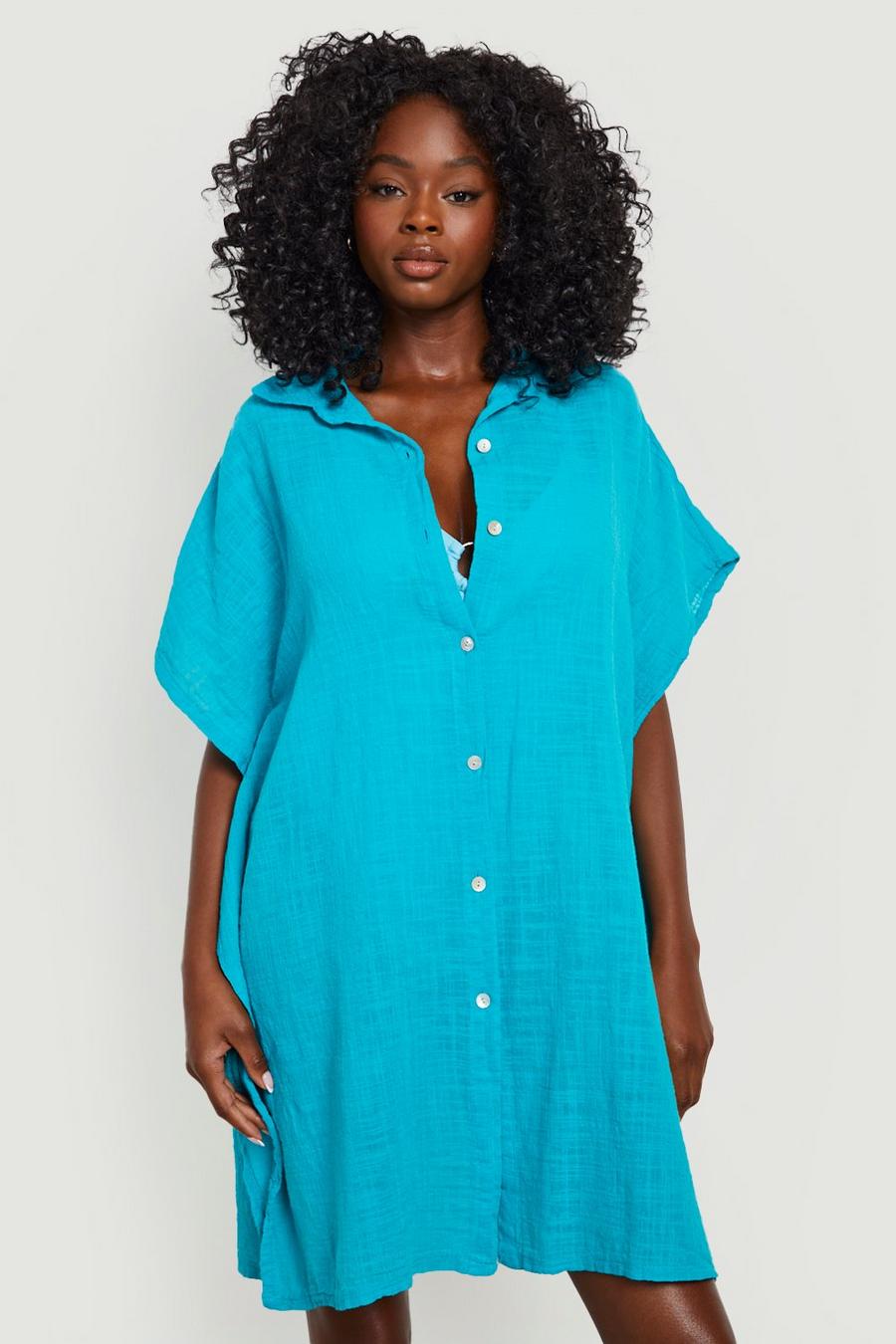Turquoise Linen Look Button Front Batwing Beach Kaftan Shirt