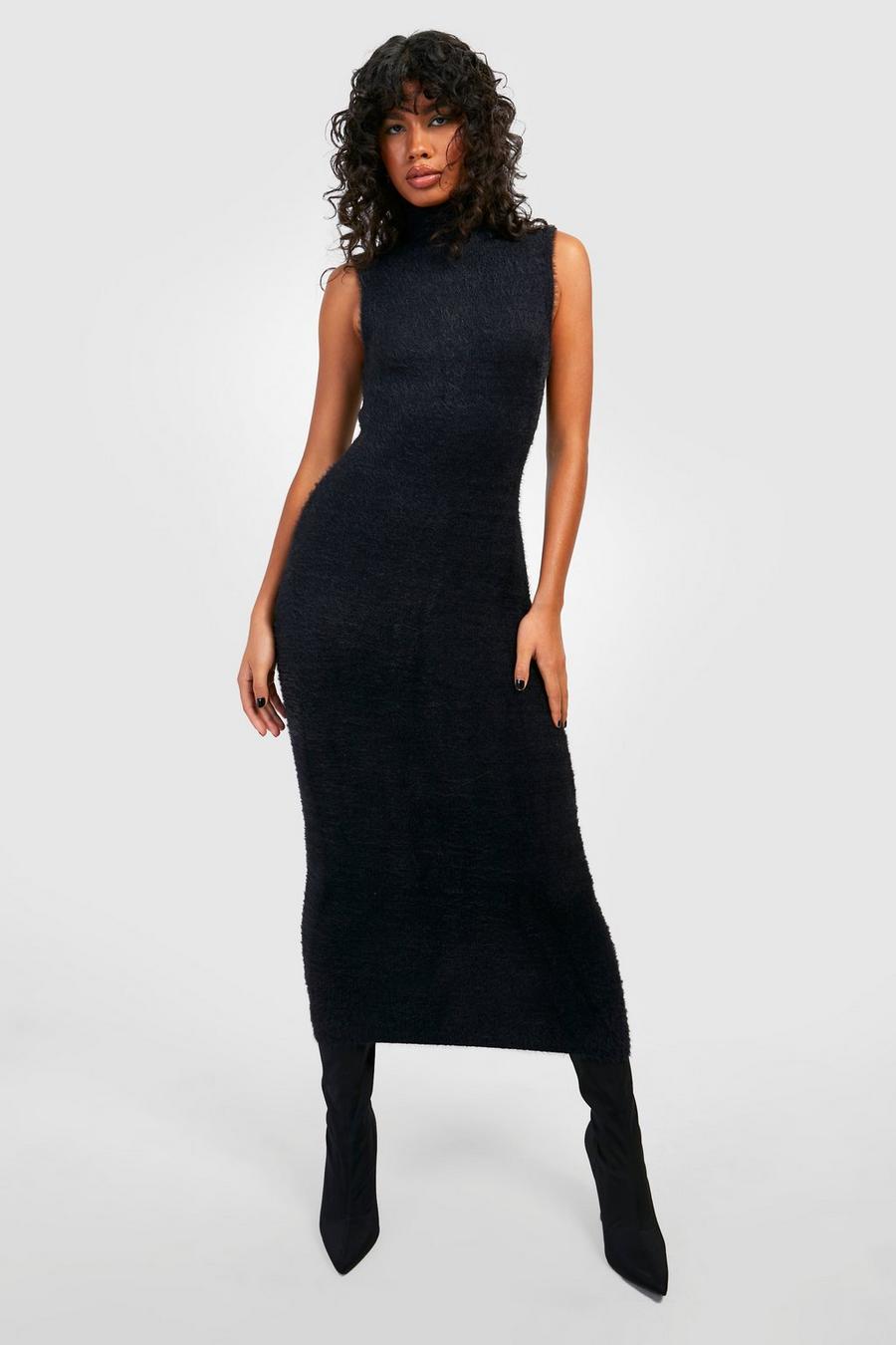 Black Turtleneck Fluffy Knit Midaxi Dress