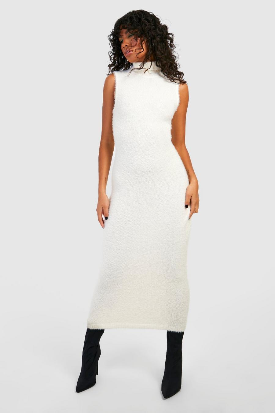 Ecru Turtleneck Fluffy Knit Midaxi Dress