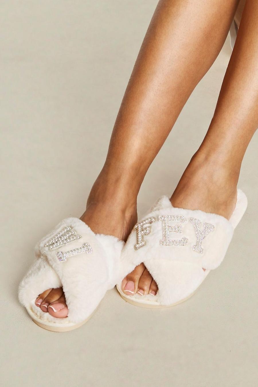 Cream Wifey Embellished Slippers