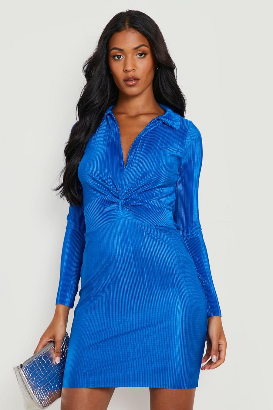Tall Plissee Hemd-Kleid mit Knoten vorne, Cobalt