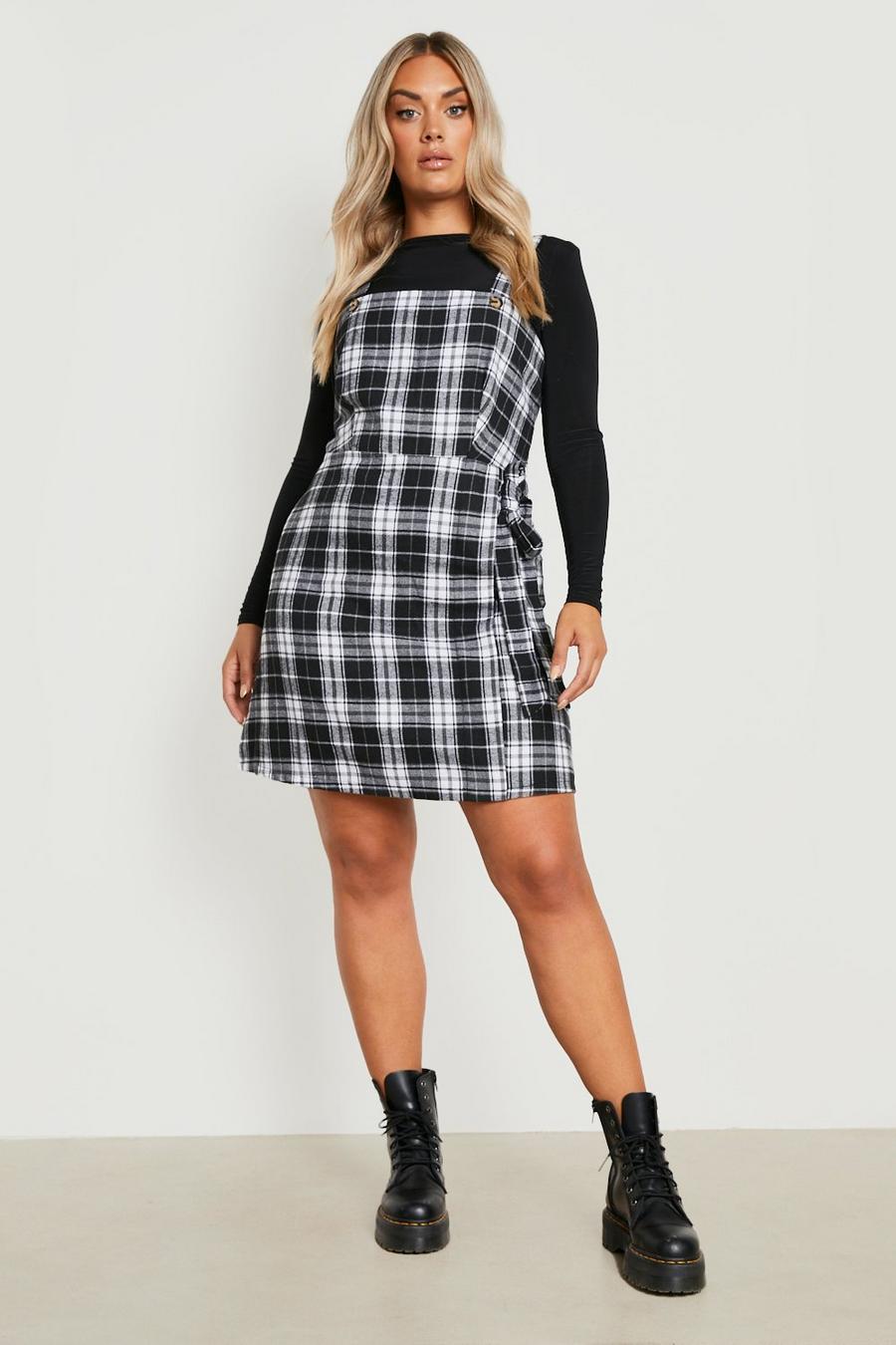 Black Plus Check Wrap Pinafore Dress