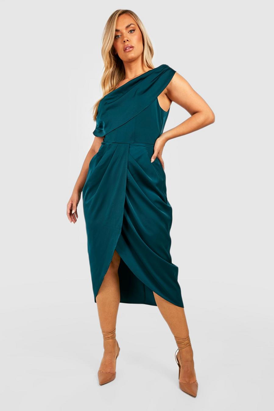 Emerald Plus Satin Corset Shoulder Wrap Midi Dress