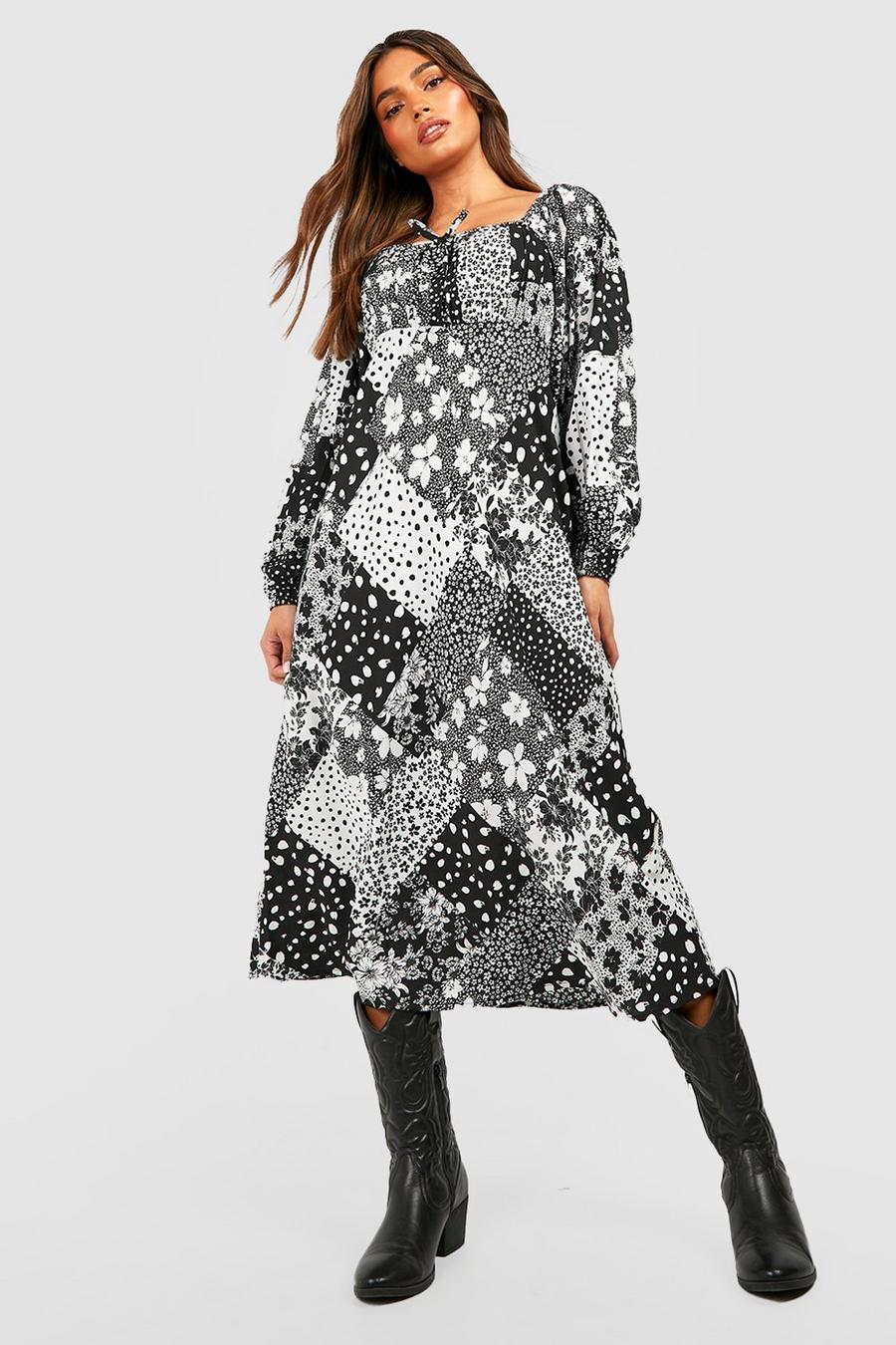 Black Volume Sleeve Woven Midi Dress