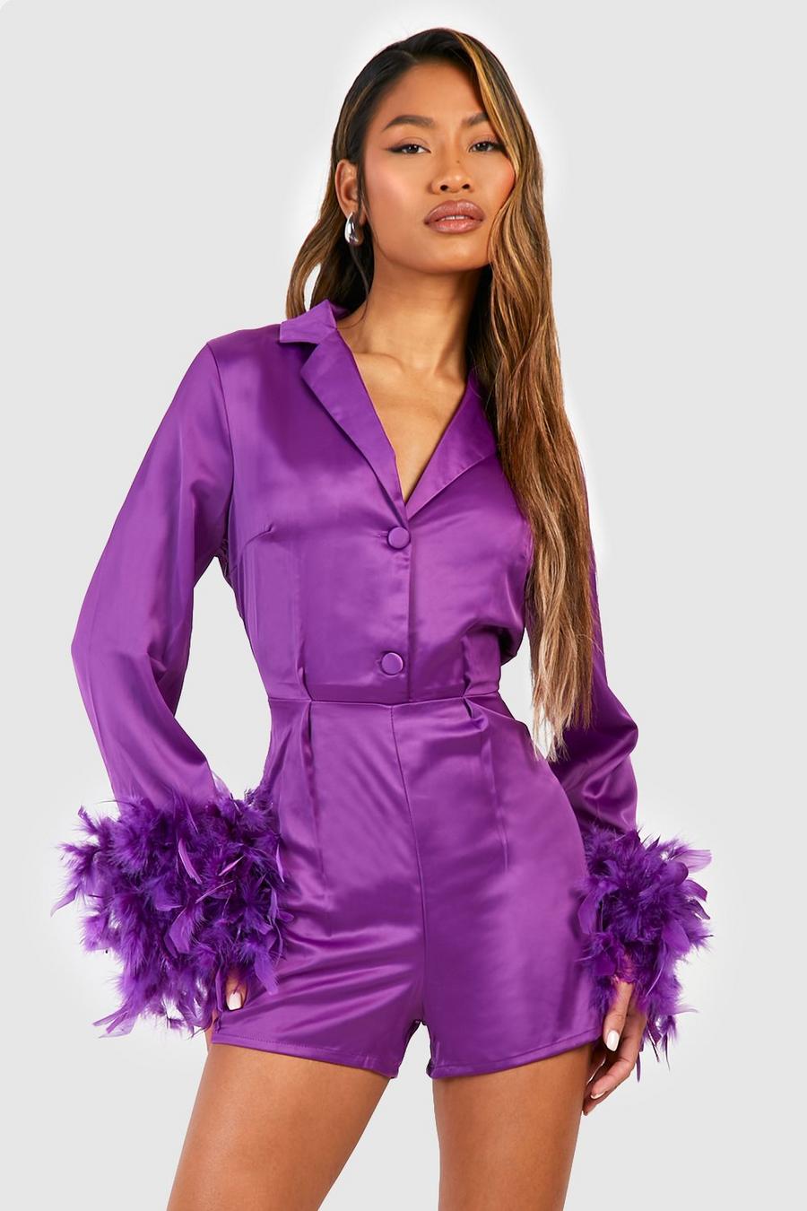 Purple Feather Cuff Tailored Satin Romper
