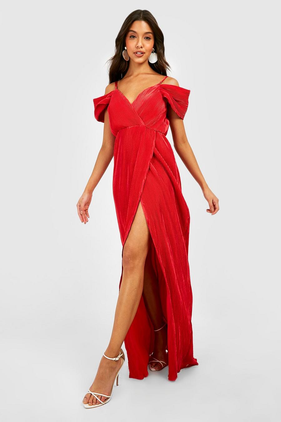 Berry Plisse Cold Shoulder Wrap Maxi Dress